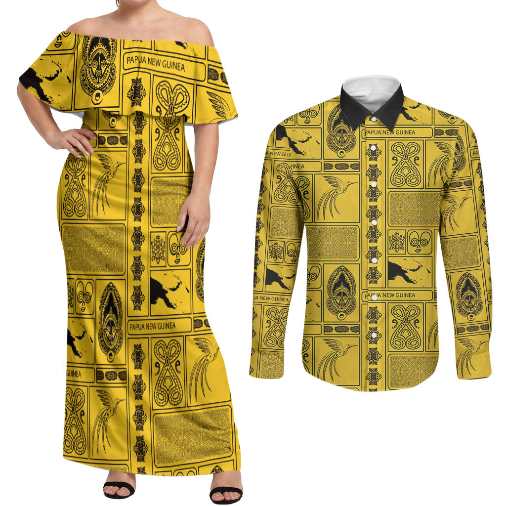 Papua New Guinea Heritage Motif Couples Matching Off Shoulder Maxi Dress and Long Sleeve Button Shirt Yellow Version LT05 Yellow - Polynesian Pride