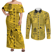 Papua New Guinea Heritage Motif Couples Matching Off Shoulder Maxi Dress and Long Sleeve Button Shirt Yellow Version LT05 Yellow - Polynesian Pride