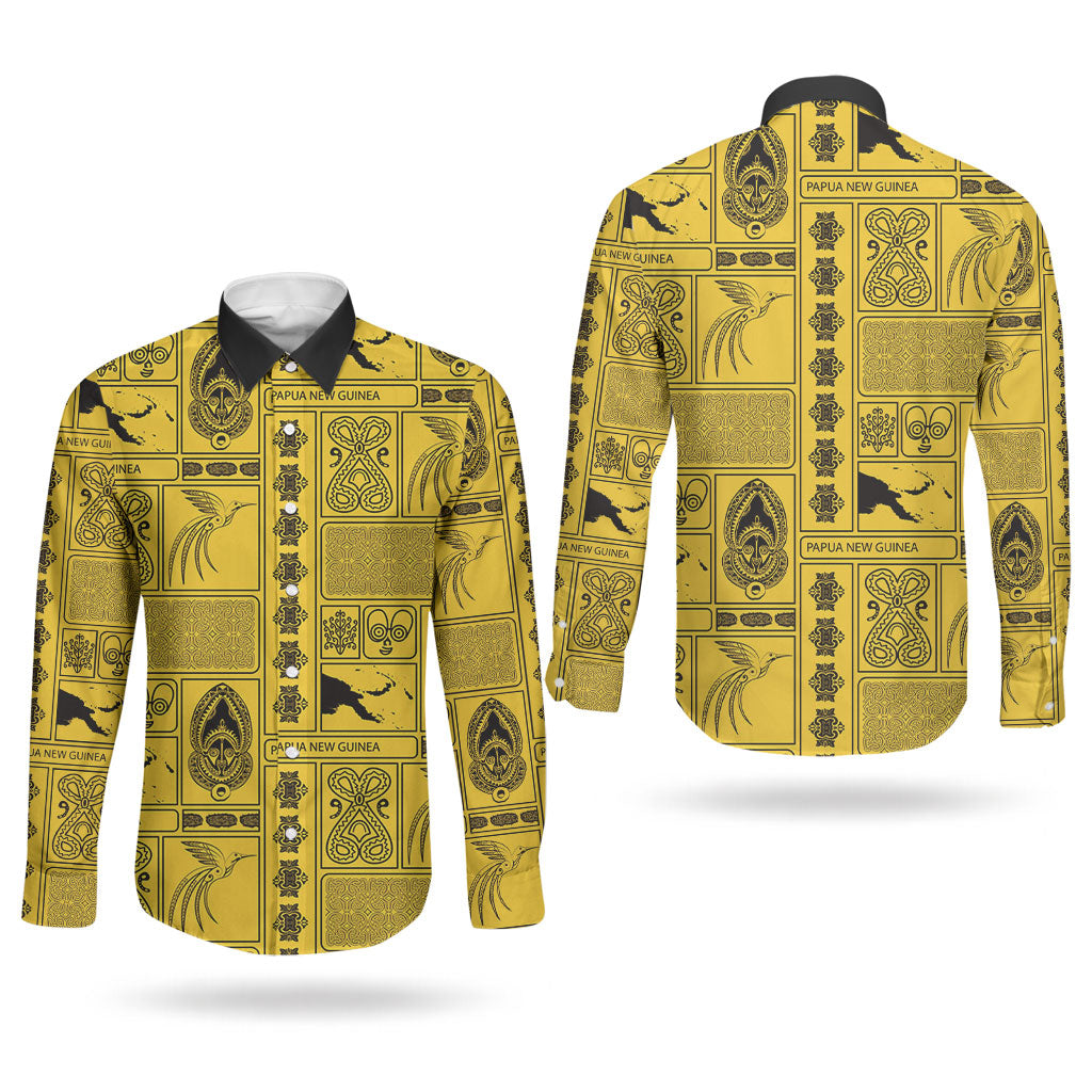 Papua New Guinea Heritage Motif Couples Matching Off Shoulder Maxi Dress and Long Sleeve Button Shirt Yellow Version LT05 - Polynesian Pride