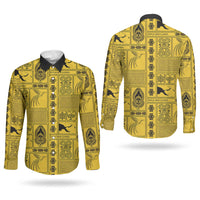 Papua New Guinea Heritage Motif Couples Matching Off Shoulder Maxi Dress and Long Sleeve Button Shirt Yellow Version LT05 - Polynesian Pride