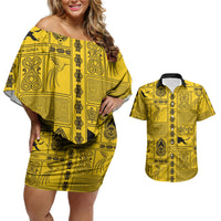 Papua New Guinea Heritage Motif Couples Matching Off Shoulder Short Dress and Hawaiian Shirt Yellow Version LT05 Yellow - Polynesian Pride