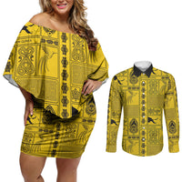 Papua New Guinea Heritage Motif Couples Matching Off Shoulder Short Dress and Long Sleeve Button Shirt Yellow Version LT05 Yellow - Polynesian Pride