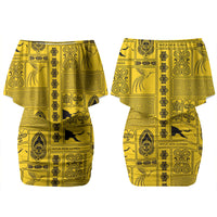 Papua New Guinea Heritage Motif Couples Matching Off Shoulder Short Dress and Long Sleeve Button Shirt Yellow Version LT05 - Polynesian Pride