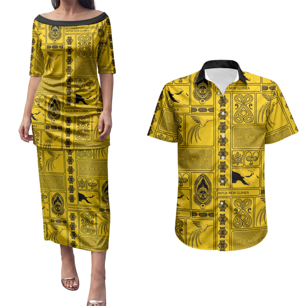 Papua New Guinea Heritage Motif Couples Matching Puletasi and Hawaiian Shirt Yellow Version LT05 Yellow - Polynesian Pride