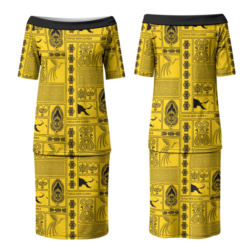 Papua New Guinea Heritage Motif Couples Matching Puletasi and Hawaiian Shirt Yellow Version LT05 - Polynesian Pride