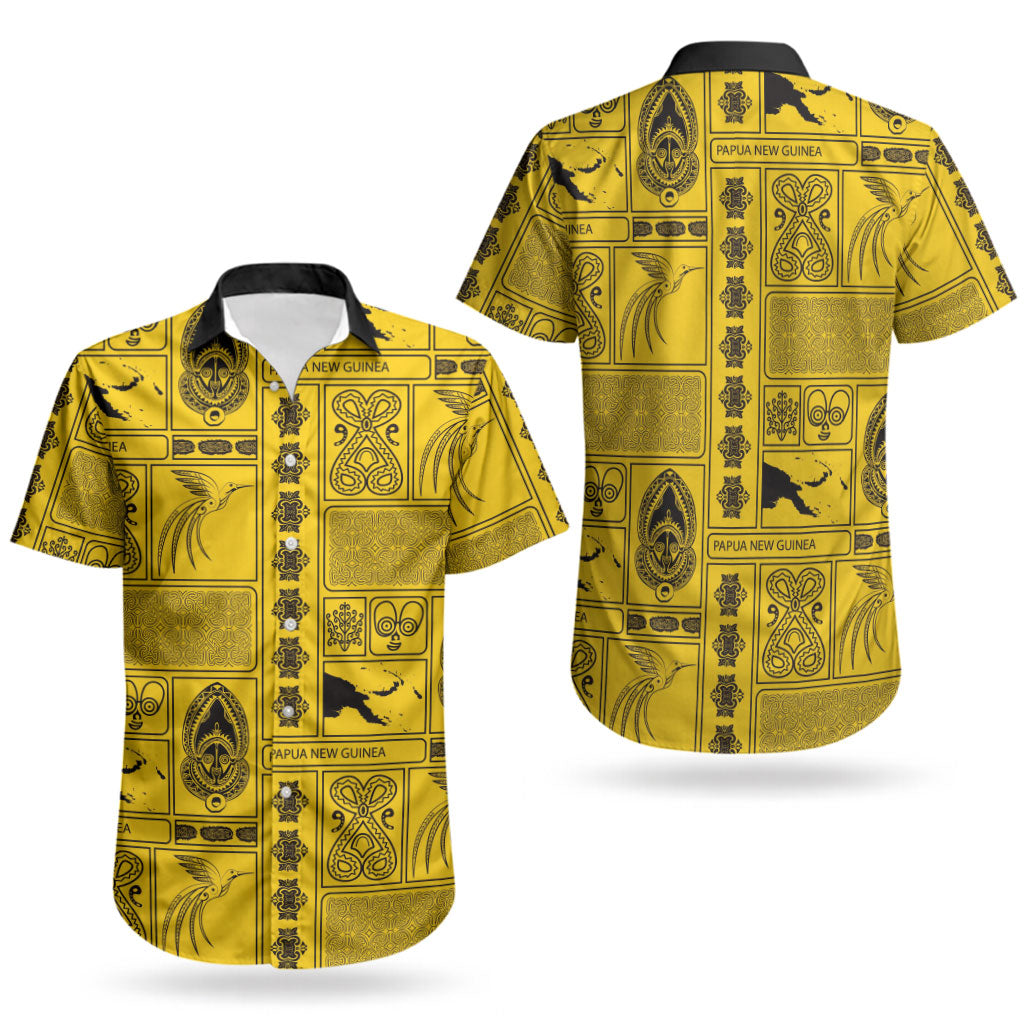 Papua New Guinea Heritage Motif Couples Matching Short Sleeve Bodycon Dress and Hawaiian Shirt Yellow Version LT05 - Polynesian Pride