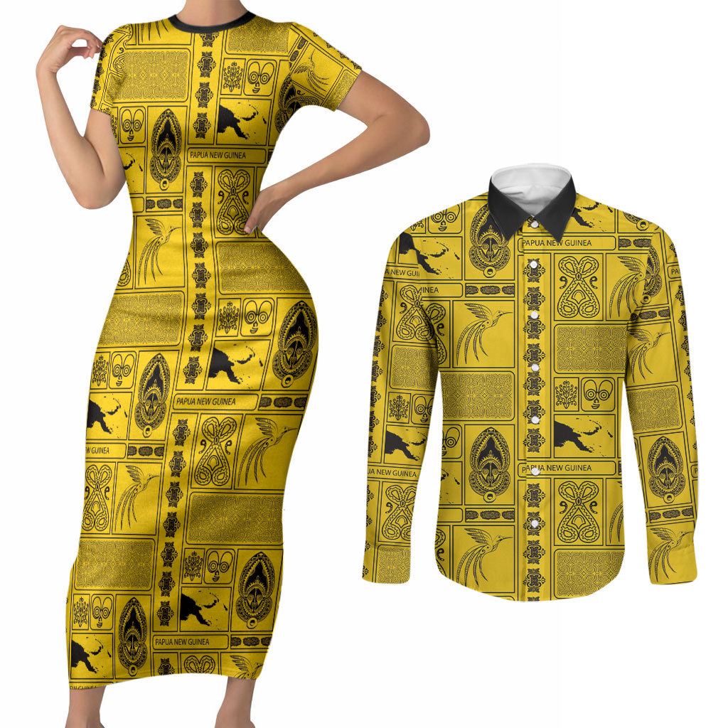 Papua New Guinea Heritage Motif Couples Matching Short Sleeve Bodycon Dress and Long Sleeve Button Shirt Yellow Version LT05 Yellow - Polynesian Pride