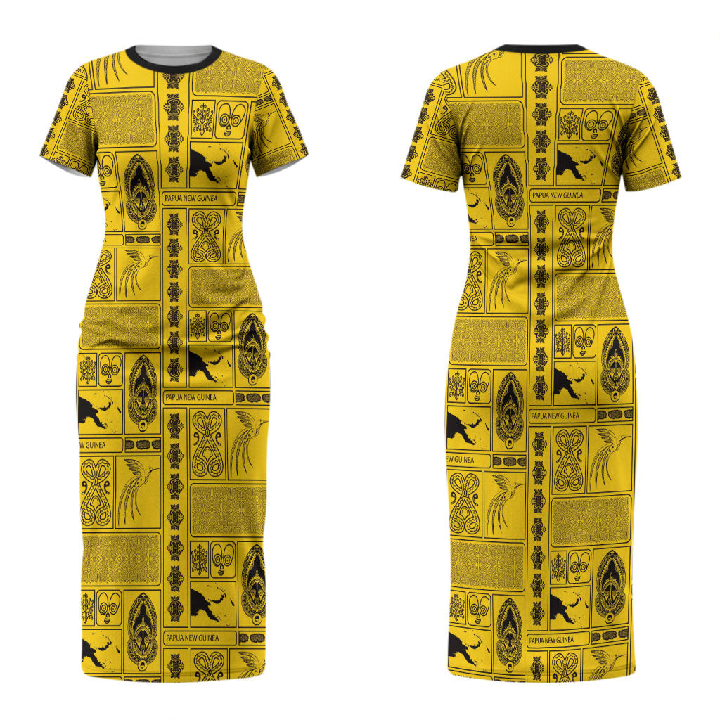 Papua New Guinea Heritage Motif Couples Matching Short Sleeve Bodycon Dress and Long Sleeve Button Shirt Yellow Version LT05 - Polynesian Pride
