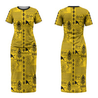 Papua New Guinea Heritage Motif Couples Matching Short Sleeve Bodycon Dress and Long Sleeve Button Shirt Yellow Version LT05 - Polynesian Pride