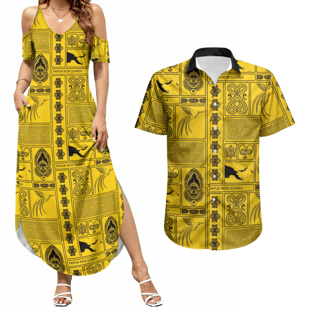 Papua New Guinea Heritage Motif Couples Matching Summer Maxi Dress and Hawaiian Shirt Yellow Version LT05 Yellow - Polynesian Pride