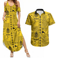 Papua New Guinea Heritage Motif Couples Matching Summer Maxi Dress and Hawaiian Shirt Yellow Version LT05 Yellow - Polynesian Pride