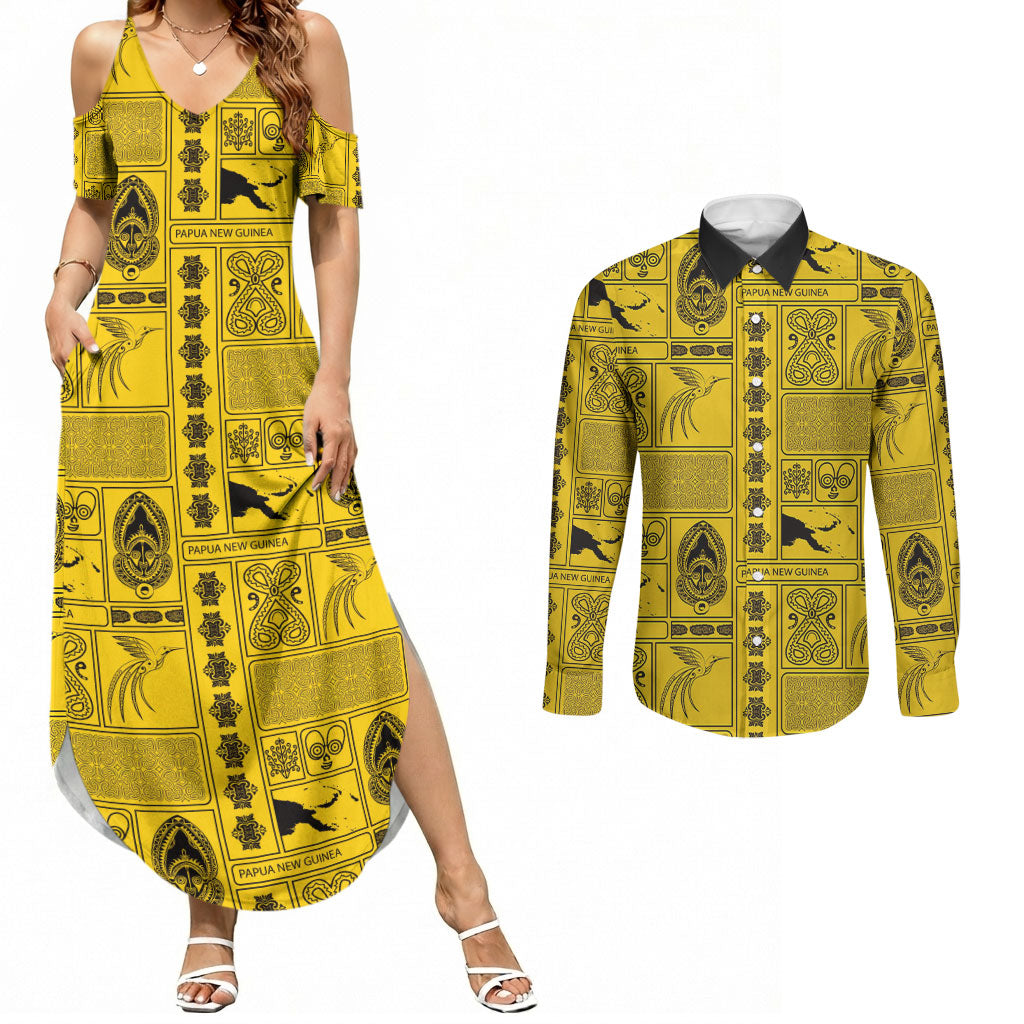 Papua New Guinea Heritage Motif Couples Matching Summer Maxi Dress and Long Sleeve Button Shirt Yellow Version LT05 Yellow - Polynesian Pride