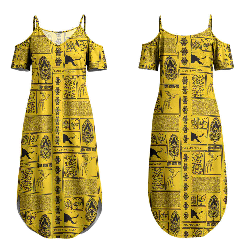 Papua New Guinea Heritage Motif Couples Matching Summer Maxi Dress and Long Sleeve Button Shirt Yellow Version LT05 - Polynesian Pride