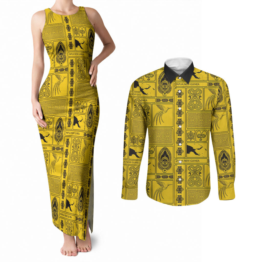 Papua New Guinea Heritage Motif Couples Matching Tank Maxi Dress and Long Sleeve Button Shirt Yellow Version LT05 Yellow - Polynesian Pride