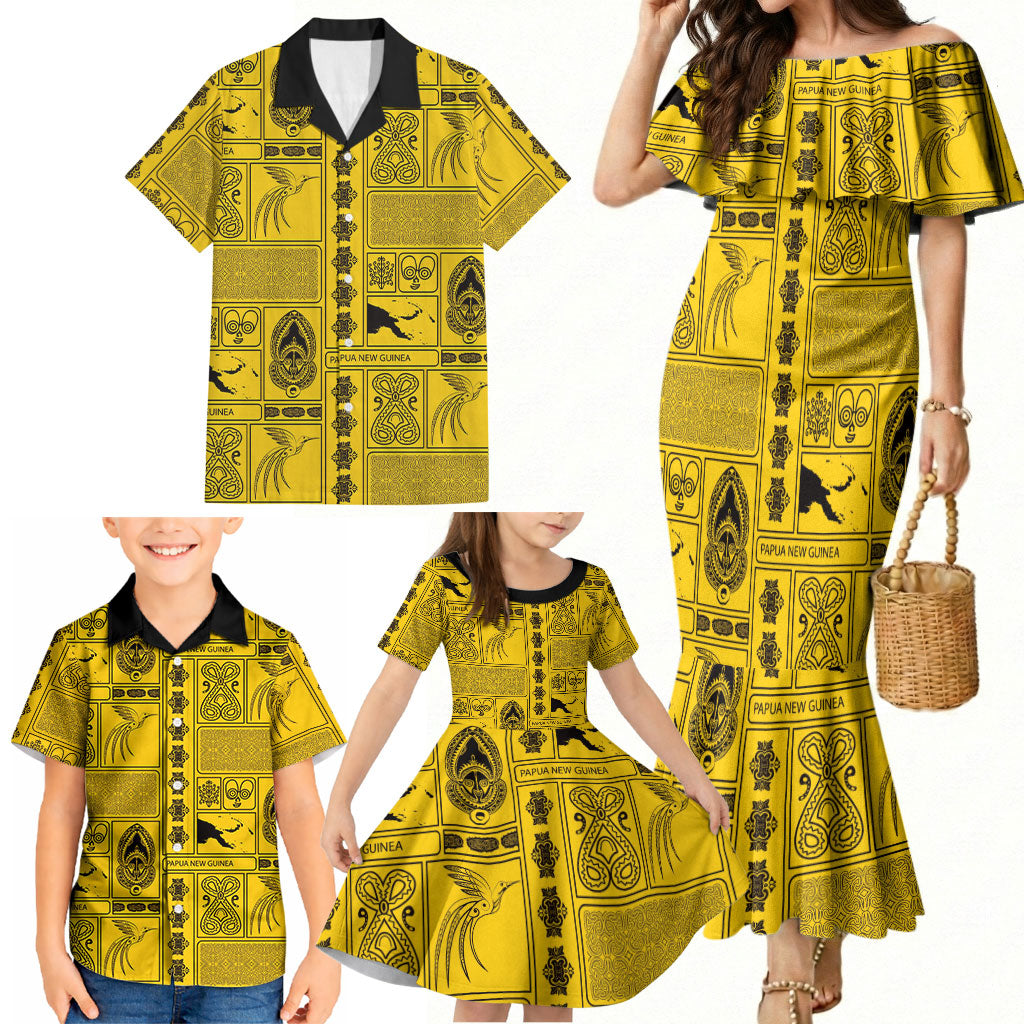 Papua New Guinea Heritage Motif Family Matching Mermaid Dress and Hawaiian Shirt Yellow Version LT05 - Polynesian Pride