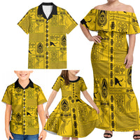 Papua New Guinea Heritage Motif Family Matching Off Shoulder Maxi Dress and Hawaiian Shirt Yellow Version LT05 - Polynesian Pride