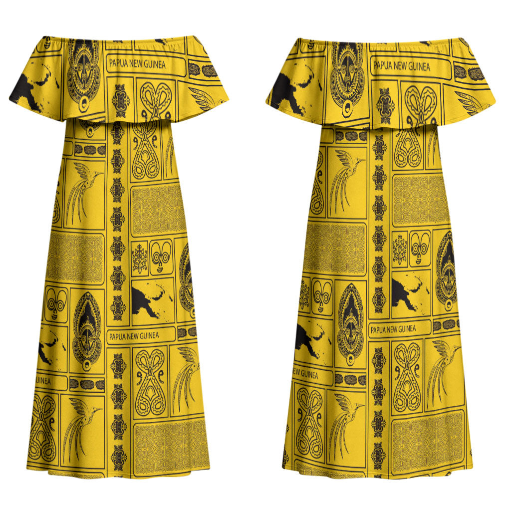 Papua New Guinea Heritage Motif Family Matching Off Shoulder Maxi Dress and Hawaiian Shirt Yellow Version LT05 Mom's Dress Yellow - Polynesian Pride