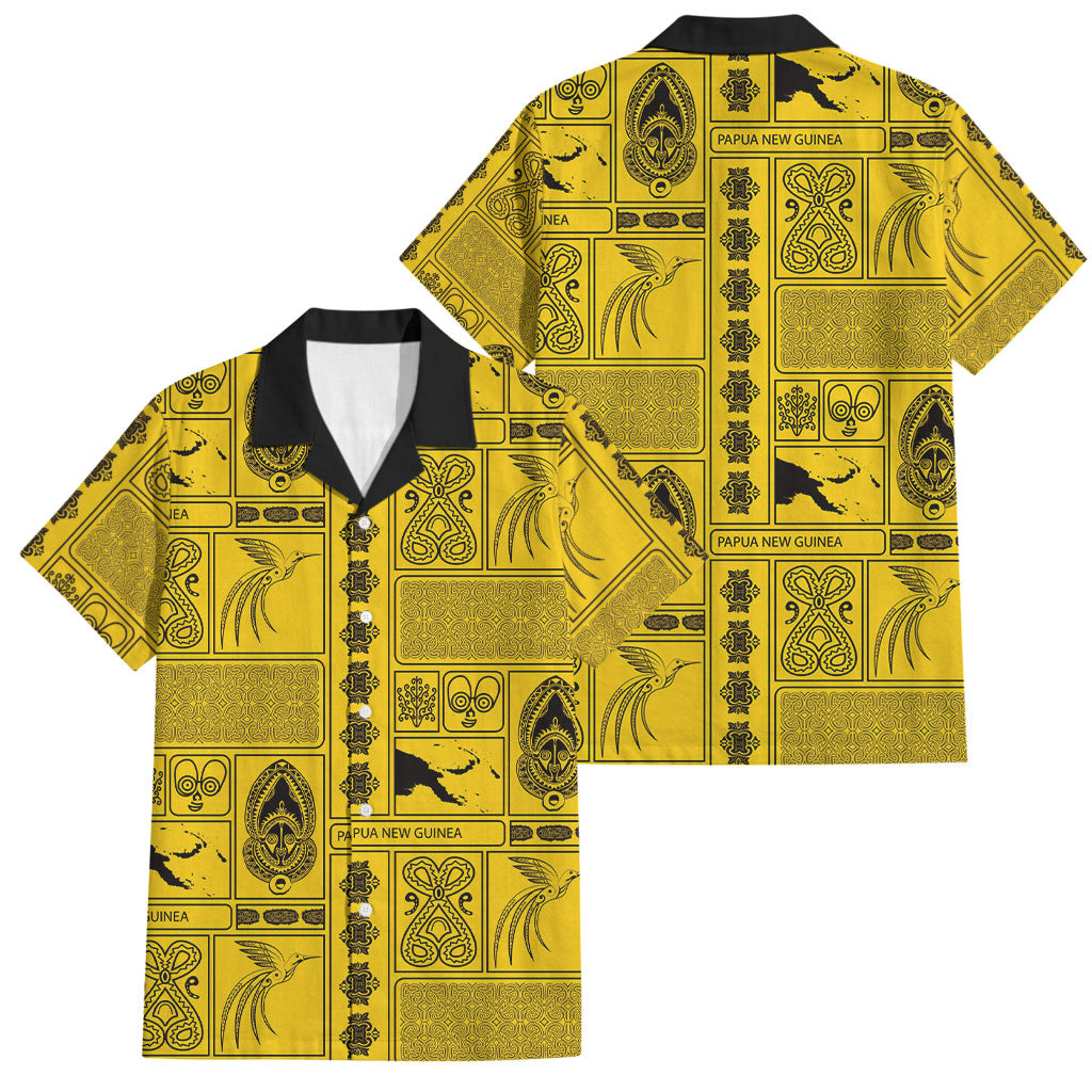 Papua New Guinea Heritage Motif Family Matching Off Shoulder Maxi Dress and Hawaiian Shirt Yellow Version LT05 Dad's Shirt - Short Sleeve Yellow - Polynesian Pride