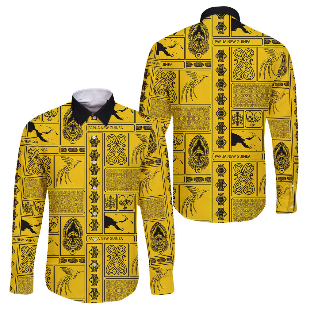 Papua New Guinea Heritage Motif Family Matching Off Shoulder Maxi Dress and Hawaiian Shirt Yellow Version LT05 Dad's Shirt - Long Sleeve Yellow - Polynesian Pride
