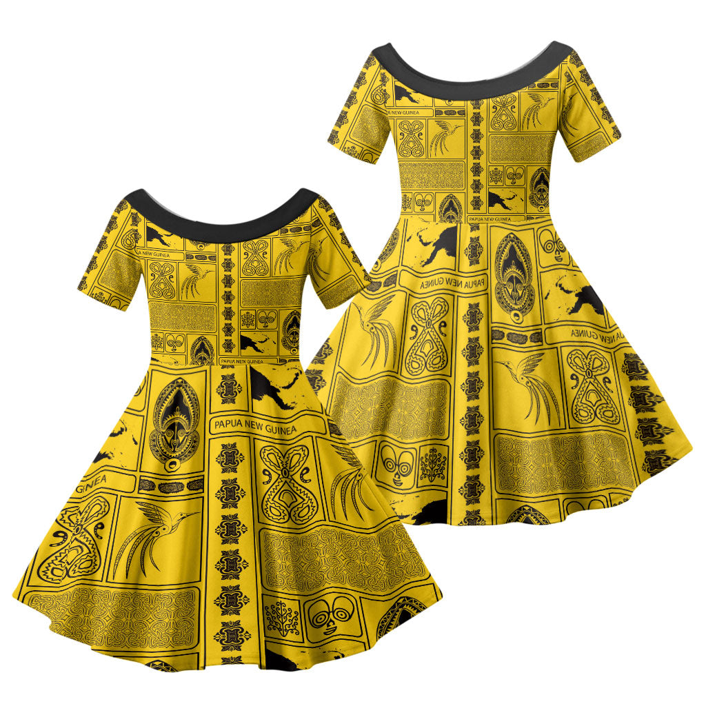 Papua New Guinea Heritage Motif Family Matching Off Shoulder Maxi Dress and Hawaiian Shirt Yellow Version LT05 Daughter's Dress Yellow - Polynesian Pride