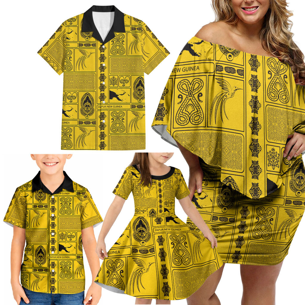 Papua New Guinea Heritage Motif Family Matching Off Shoulder Short Dress and Hawaiian Shirt Yellow Version LT05 - Polynesian Pride