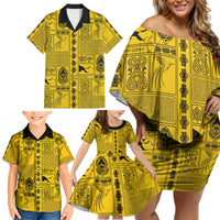 Papua New Guinea Heritage Motif Family Matching Off Shoulder Short Dress and Hawaiian Shirt Yellow Version LT05 - Polynesian Pride