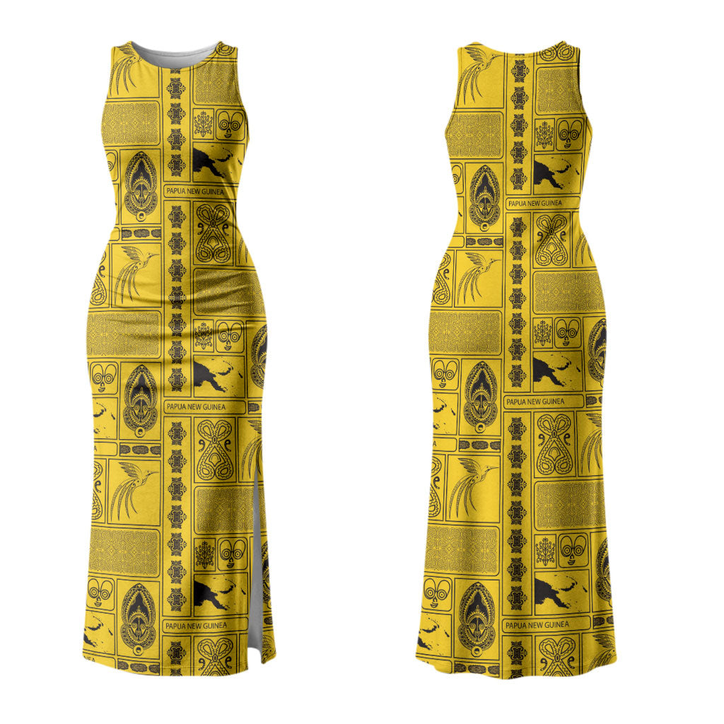 Papua New Guinea Heritage Motif Family Matching Tank Maxi Dress and Hawaiian Shirt Yellow Version LT05 Mom's Dress Yellow - Polynesian Pride