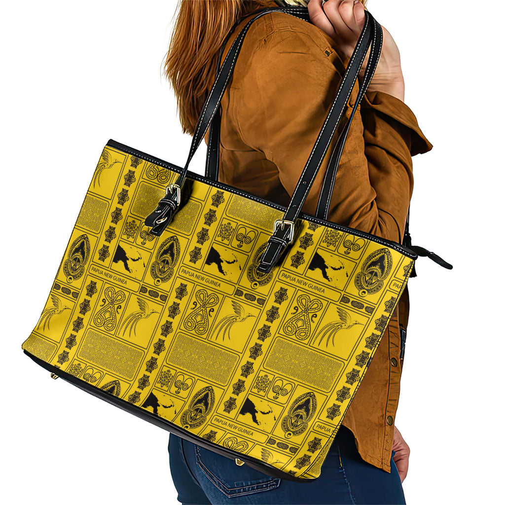 Papua New Guinea Heritage Motif Leather Tote Bag Yellow Version LT05 - Polynesian Pride