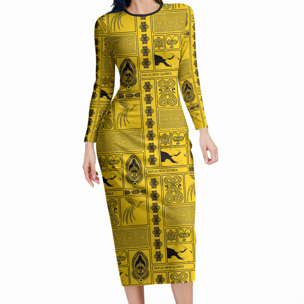 Papua New Guinea Heritage Motif Long Sleeve Bodycon Dress Yellow Version LT05 Long Dress Yellow - Polynesian Pride
