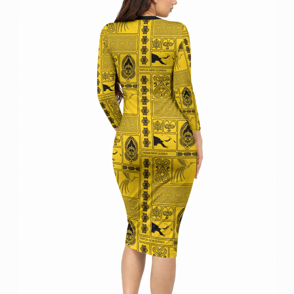Papua New Guinea Heritage Motif Long Sleeve Bodycon Dress Yellow Version LT05 - Polynesian Pride