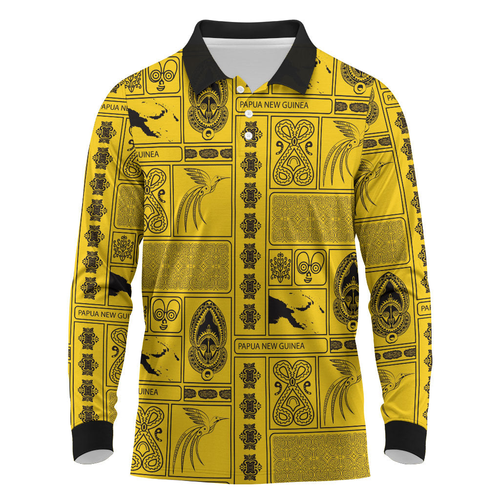 Papua New Guinea Heritage Motif Long Sleeve Polo Shirt Yellow Version LT05 Yellow - Polynesian Pride