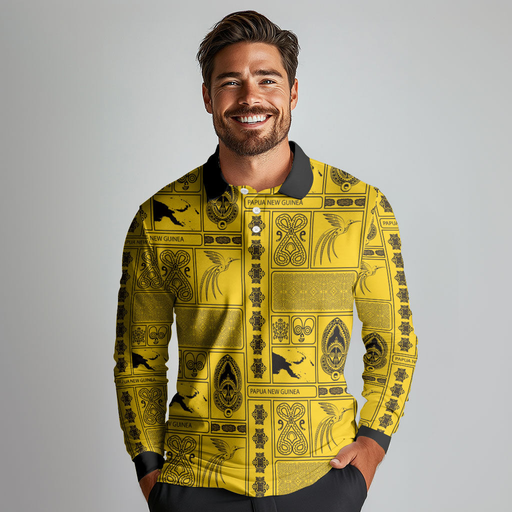 Papua New Guinea Heritage Motif Long Sleeve Polo Shirt Yellow Version LT05 - Polynesian Pride