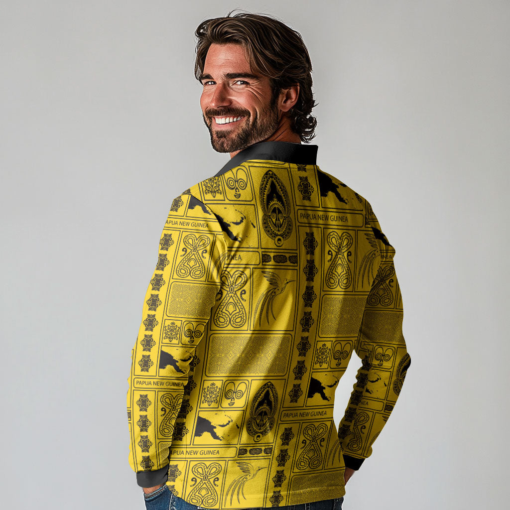 Papua New Guinea Heritage Motif Long Sleeve Polo Shirt Yellow Version LT05 - Polynesian Pride