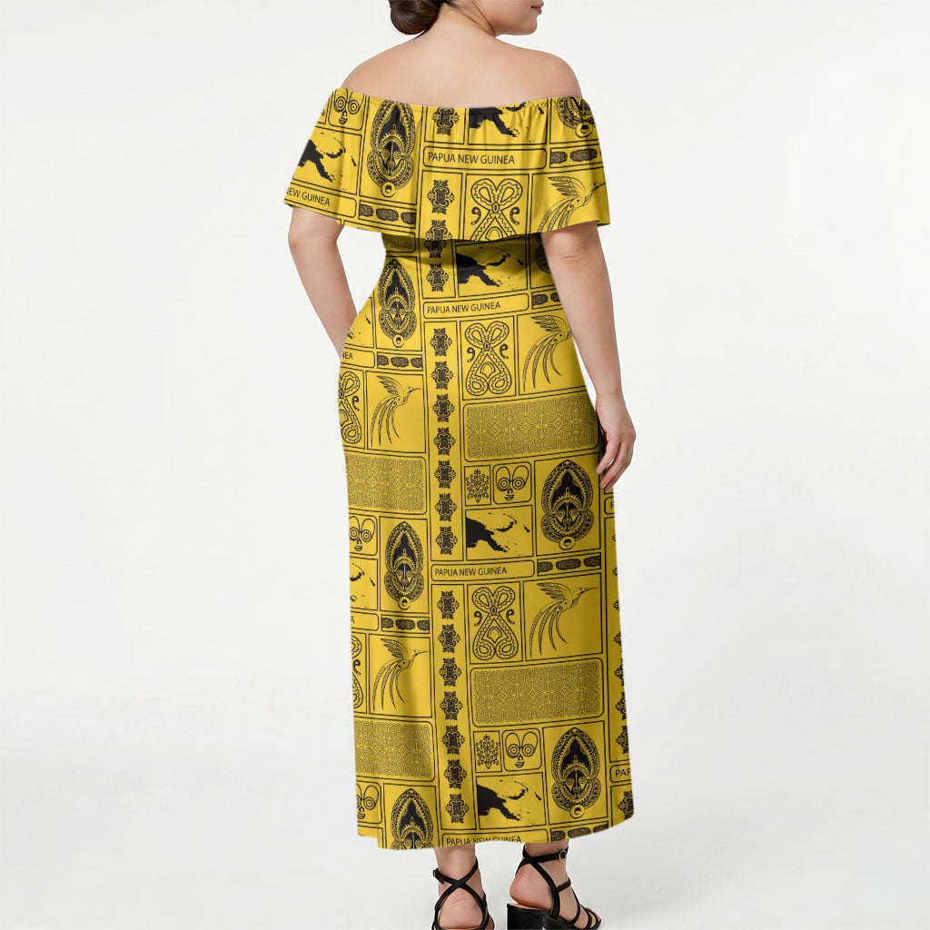 Papua New Guinea Heritage Motif Off Shoulder Maxi Dress Yellow Version LT05 - Polynesian Pride