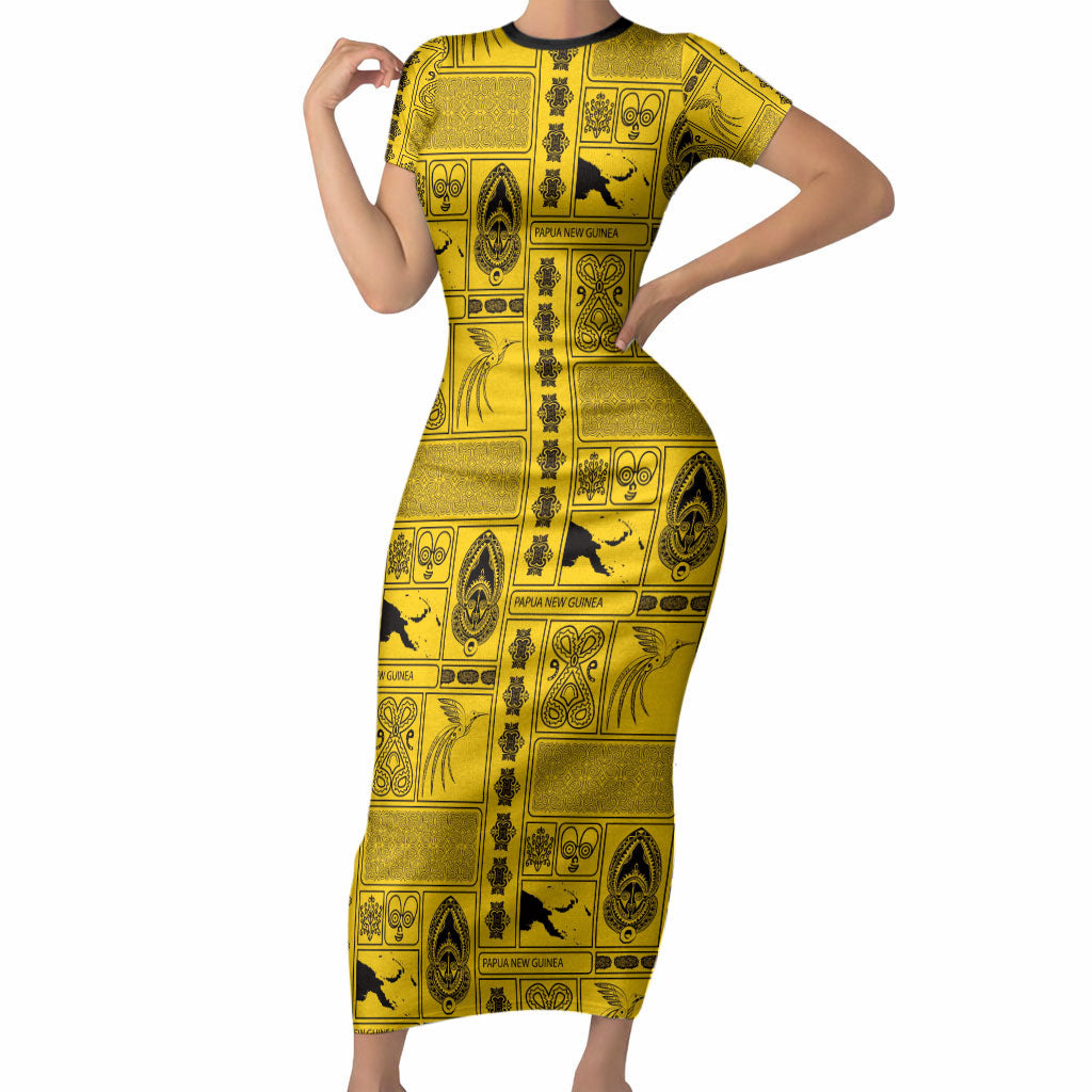 Papua New Guinea Heritage Motif Short Sleeve Bodycon Dress Yellow Version LT05 Long Dress Yellow - Polynesian Pride