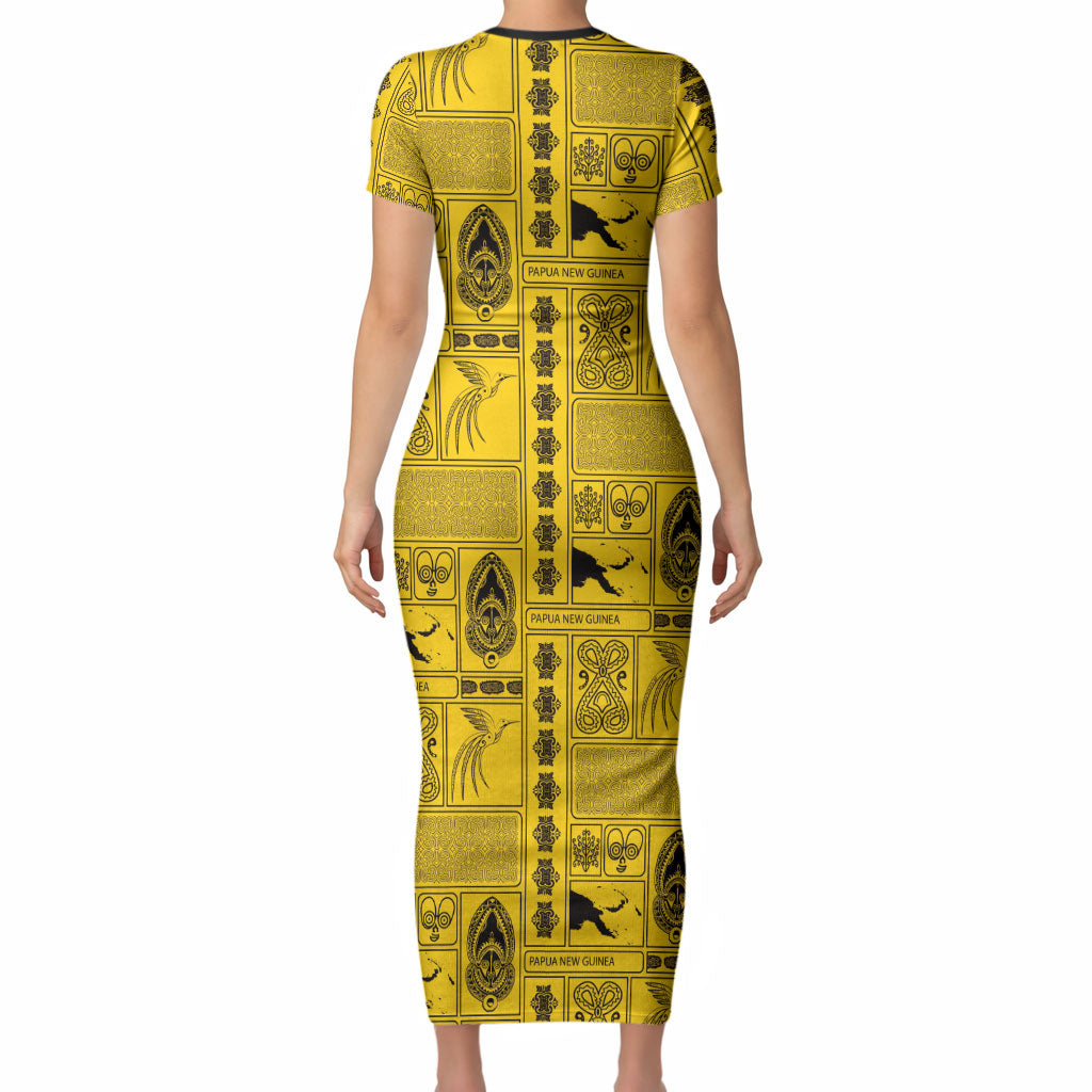 Papua New Guinea Heritage Motif Short Sleeve Bodycon Dress Yellow Version LT05 - Polynesian Pride