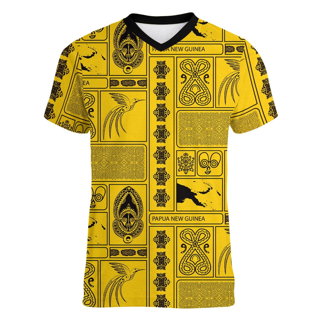 Papua New Guinea Heritage Motif Women V-Neck T-Shirt Yellow Version LT05 Female Yellow - Polynesian Pride