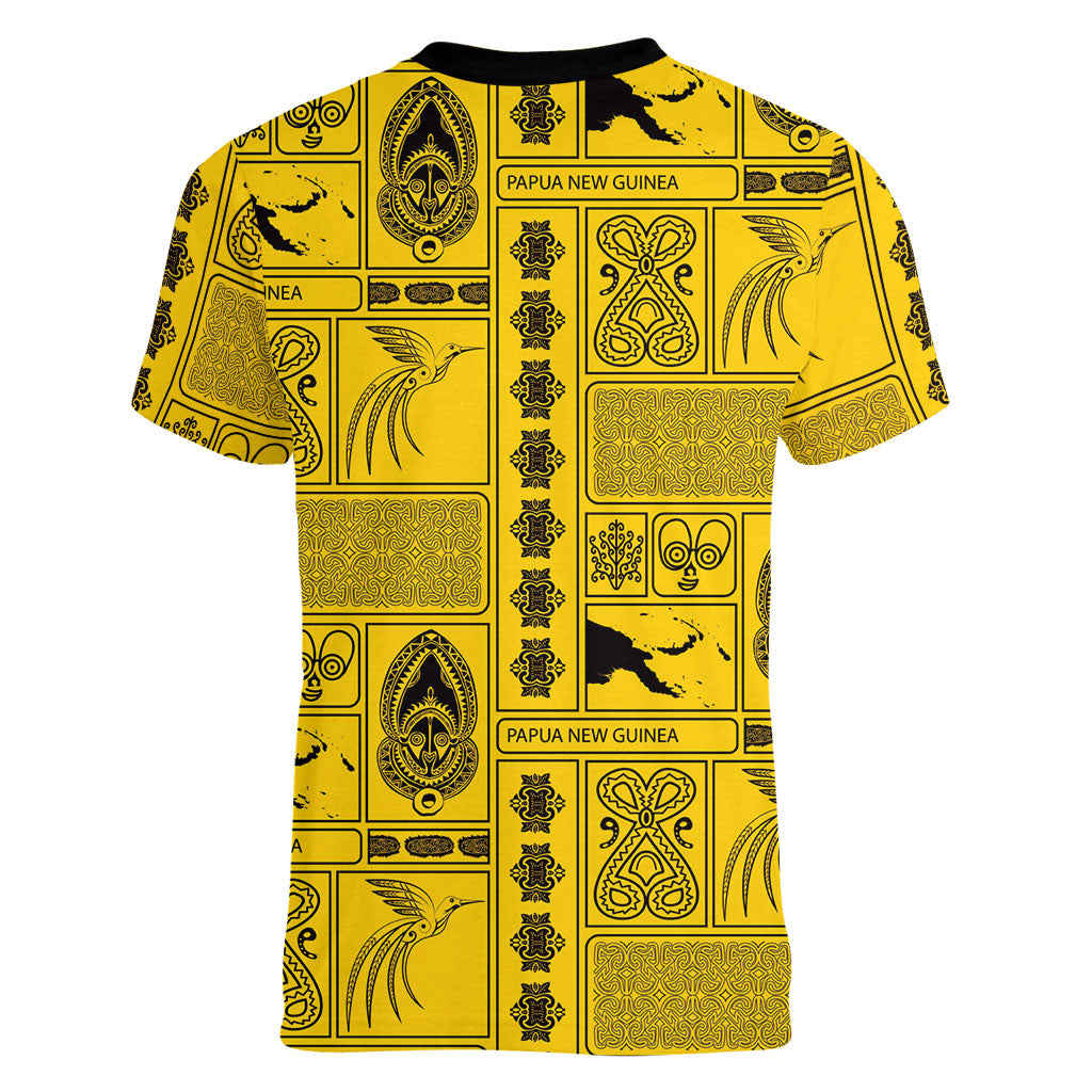 Papua New Guinea Heritage Motif Women V-Neck T-Shirt Yellow Version LT05 - Polynesian Pride