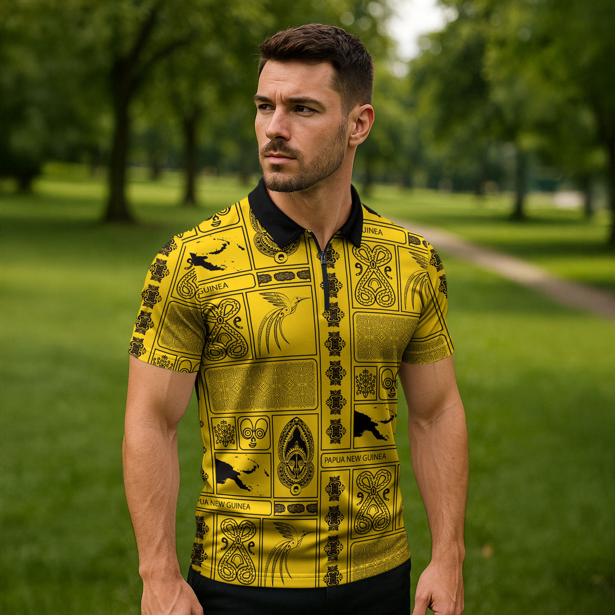 Papua New Guinea Heritage Motif Zipper Polo Shirt Yellow Version LT05 - Polynesian Pride