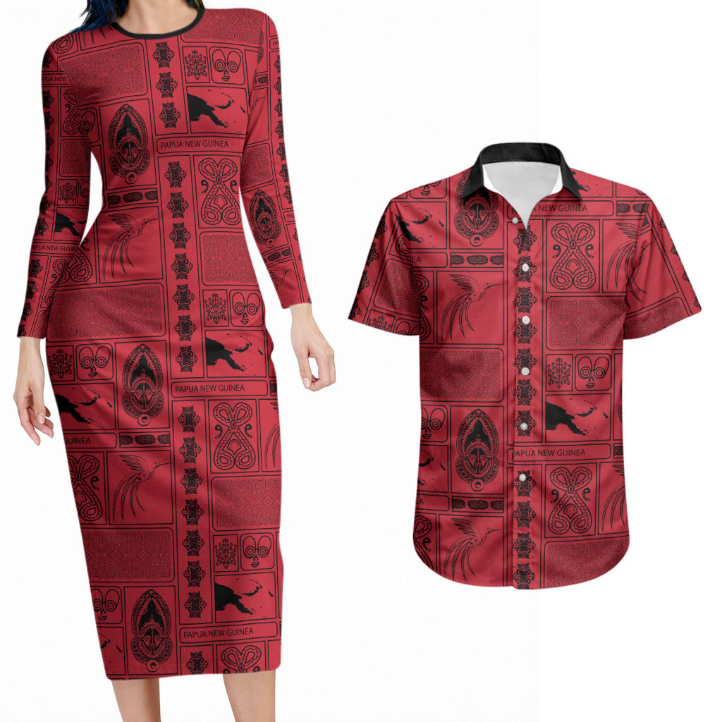 Papua New Guinea Heritage Motif Couples Matching Long Sleeve Bodycon Dress and Hawaiian Shirt Red Version LT05 Red - Polynesian Pride