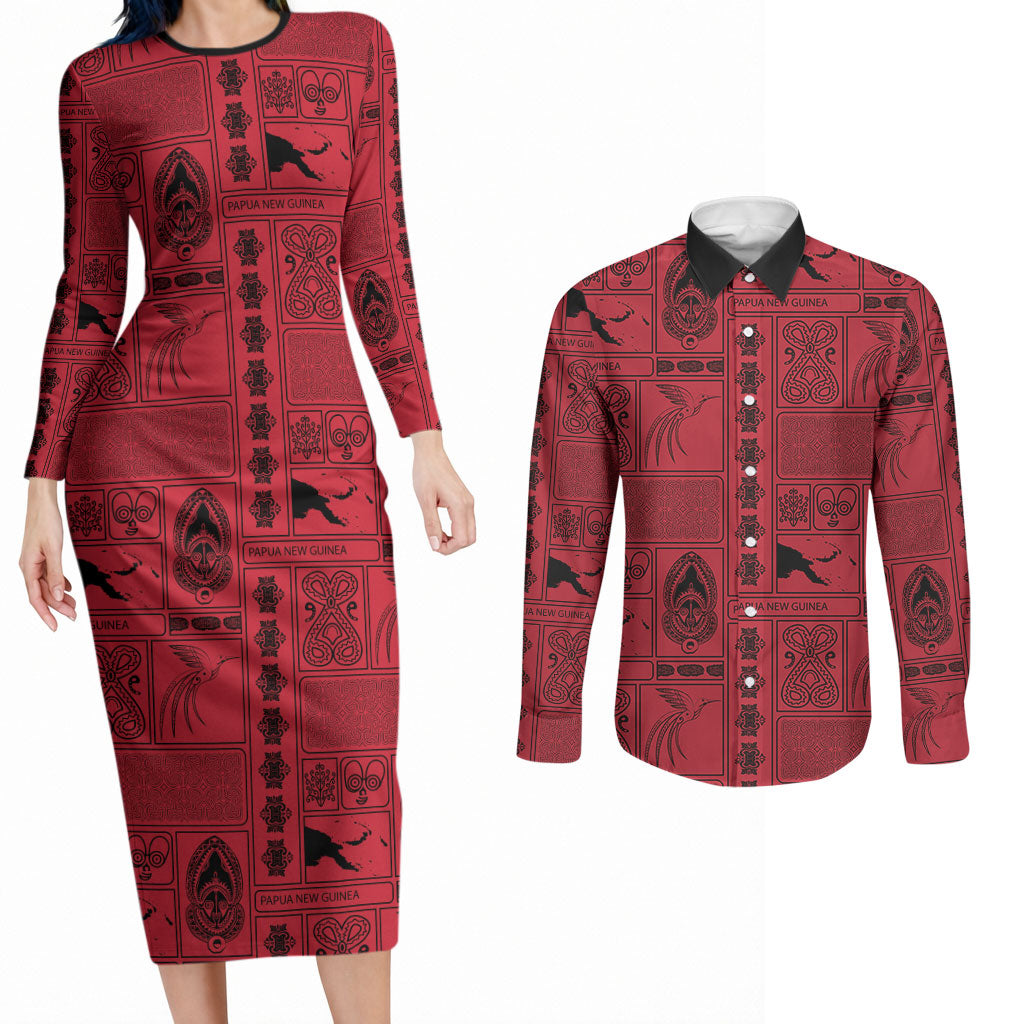 Papua New Guinea Heritage Motif Couples Matching Long Sleeve Bodycon Dress and Long Sleeve Button Shirt Red Version LT05 Red - Polynesian Pride