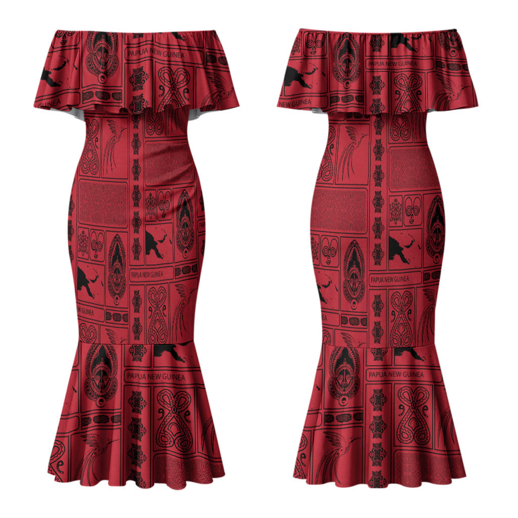 Papua New Guinea Heritage Motif Couples Matching Mermaid Dress and Hawaiian Shirt Red Version LT05 - Polynesian Pride