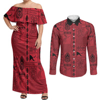 Papua New Guinea Heritage Motif Couples Matching Off Shoulder Maxi Dress and Long Sleeve Button Shirt Red Version LT05 Red - Polynesian Pride