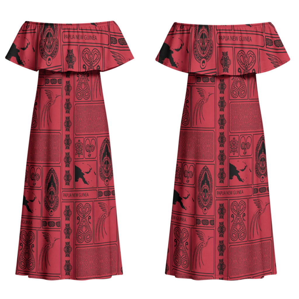Papua New Guinea Heritage Motif Couples Matching Off Shoulder Maxi Dress and Long Sleeve Button Shirt Red Version LT05 - Polynesian Pride