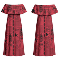 Papua New Guinea Heritage Motif Couples Matching Off Shoulder Maxi Dress and Long Sleeve Button Shirt Red Version LT05 - Polynesian Pride
