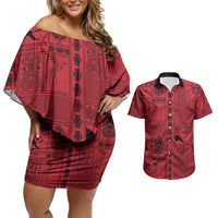 Papua New Guinea Heritage Motif Couples Matching Off Shoulder Short Dress and Hawaiian Shirt Red Version LT05 Red - Polynesian Pride