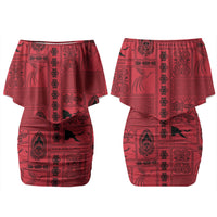 Papua New Guinea Heritage Motif Couples Matching Off Shoulder Short Dress and Hawaiian Shirt Red Version LT05 - Polynesian Pride