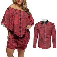 Papua New Guinea Heritage Motif Couples Matching Off Shoulder Short Dress and Long Sleeve Button Shirt Red Version LT05 Red - Polynesian Pride