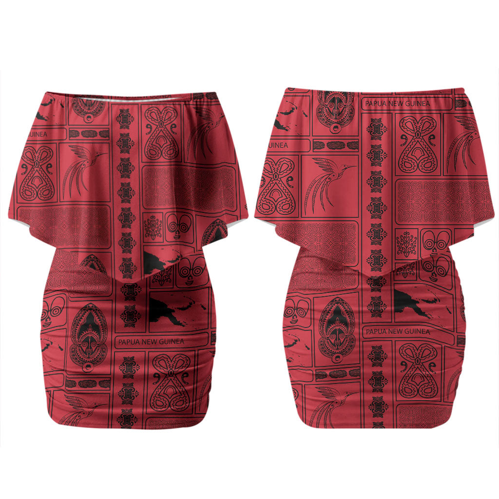 Papua New Guinea Heritage Motif Couples Matching Off Shoulder Short Dress and Long Sleeve Button Shirt Red Version LT05 - Polynesian Pride