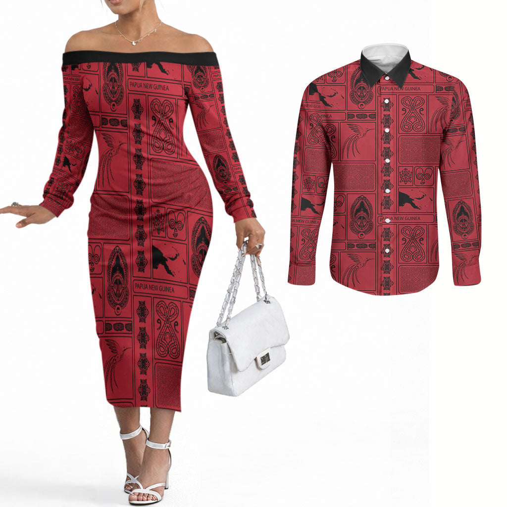 Papua New Guinea Heritage Motif Couples Matching Off The Shoulder Long Sleeve Dress and Long Sleeve Button Shirt Red Version LT05 Red - Polynesian Pride